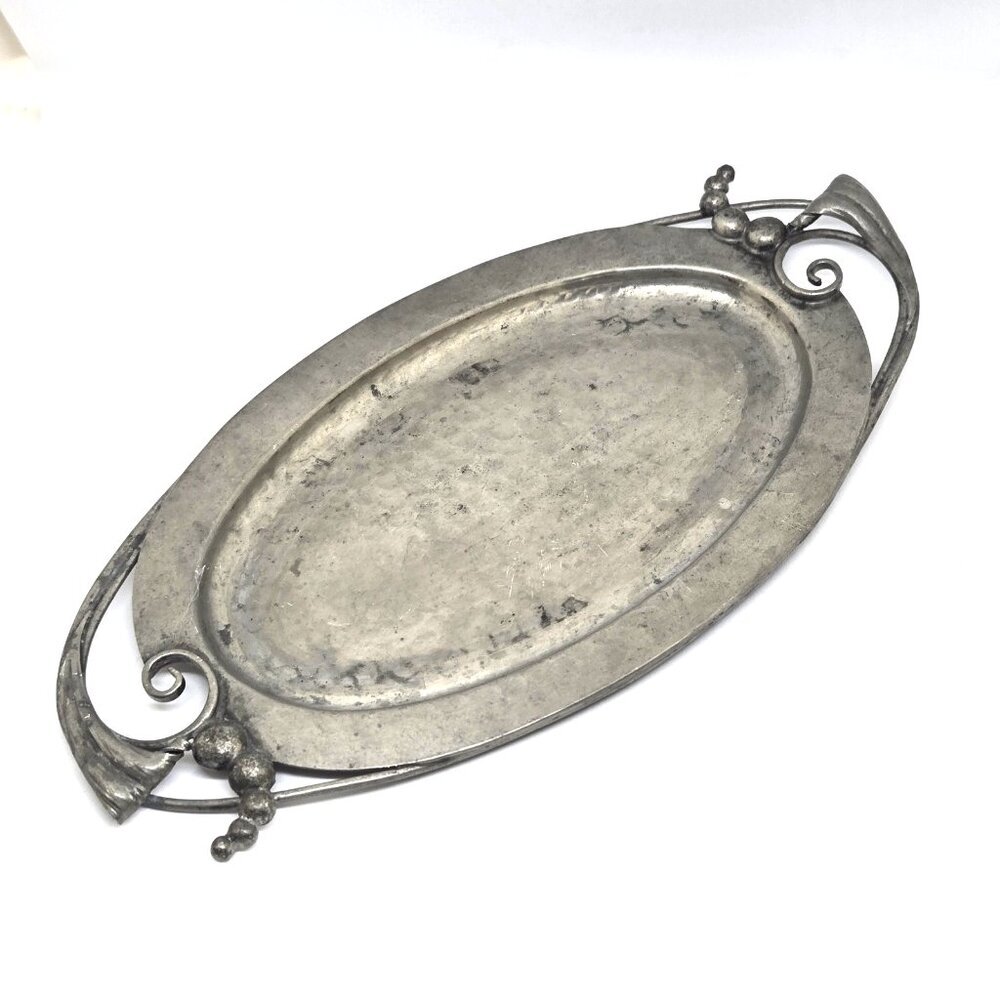 Vintage Serge Nekrasoff Pewter Oval Tray Shallow Dish Hammered Metalwork Art
